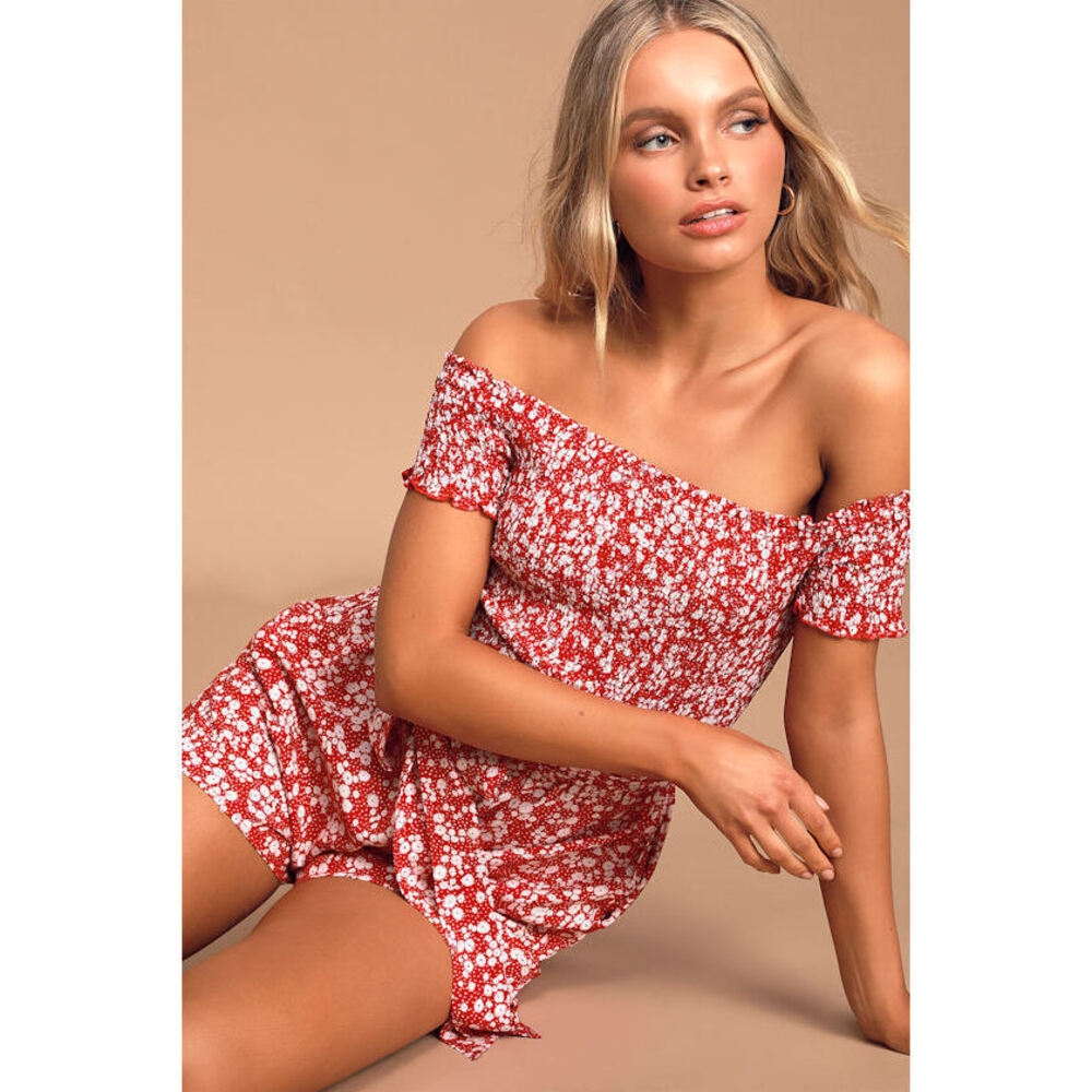 Lulus Charming Look Red Floral Print Smocked Off-the-shoulder Romper - Size S